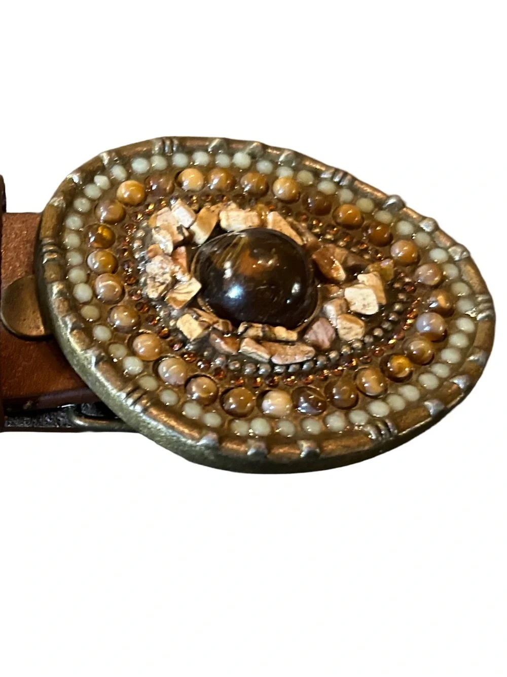 CAbi Vintage 2004 Boho Studded Brown Leather Belt Mosaic Stone Inlay Buckle
